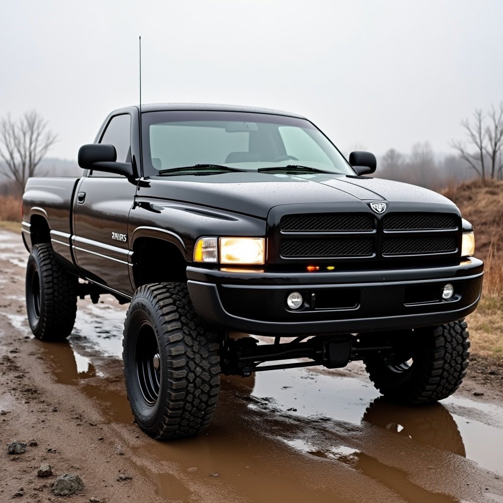 A black 1995 Dodge Ram 2500 with a Cummins engine parked on a muddy dirt road. The truck has oversized tires and a bold front appearance. Environment shows a gray overcast sky with sparse vegetation.