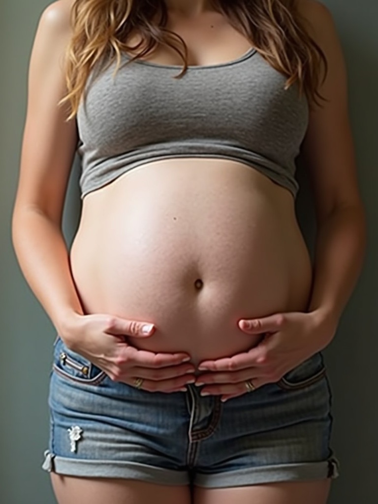 Image of a pregnant woman with a noticeable belly. The belly is large and round. The woman is wearing a tank top and shorts. Hands are positioned on the belly. Soft lighting highlights the figure.