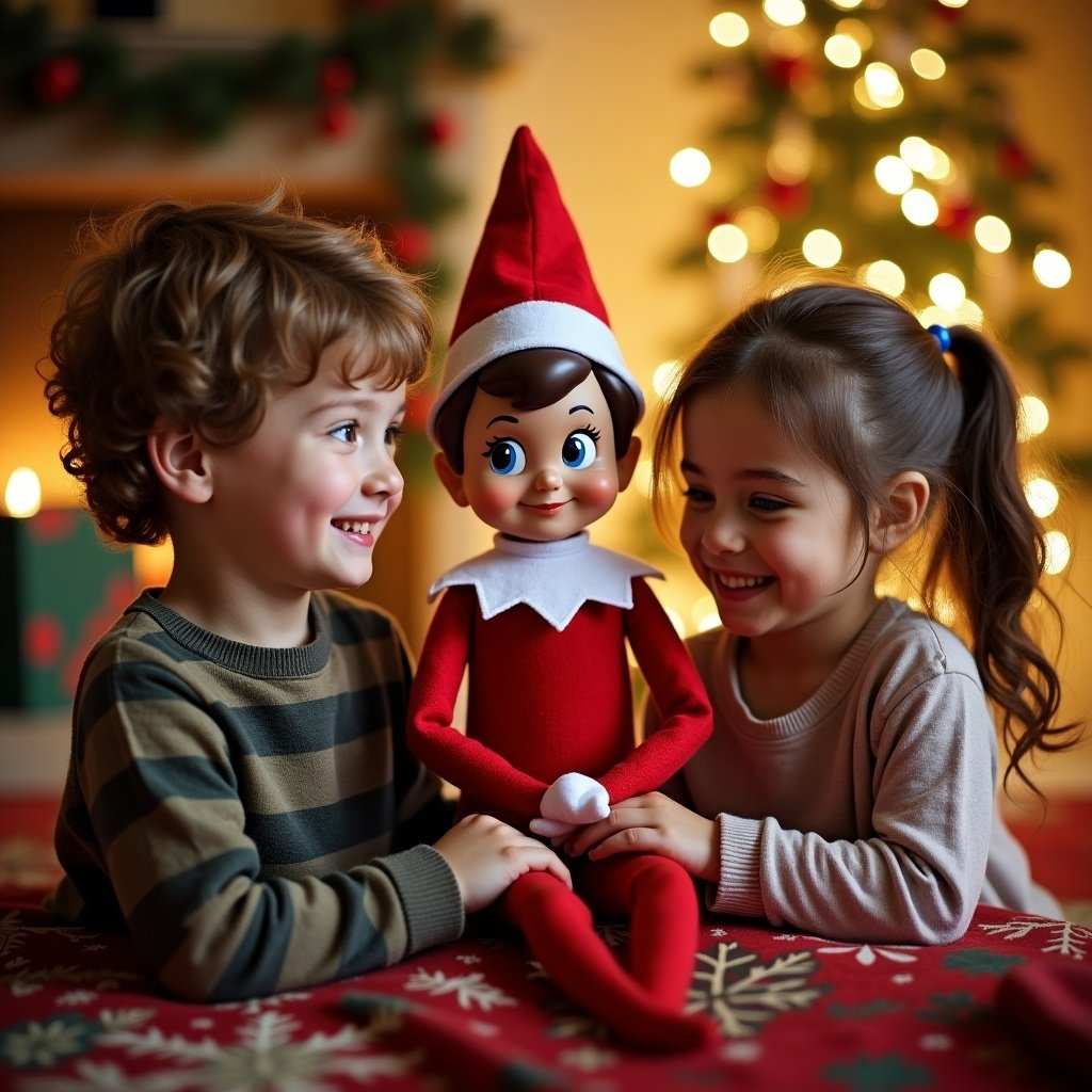 Image features a festive setting with a boy and girl seated together. The children are interacting with a holiday-themed toy. Background includes a Christmas tree adorned with lights. The environment is cozy and inviting.