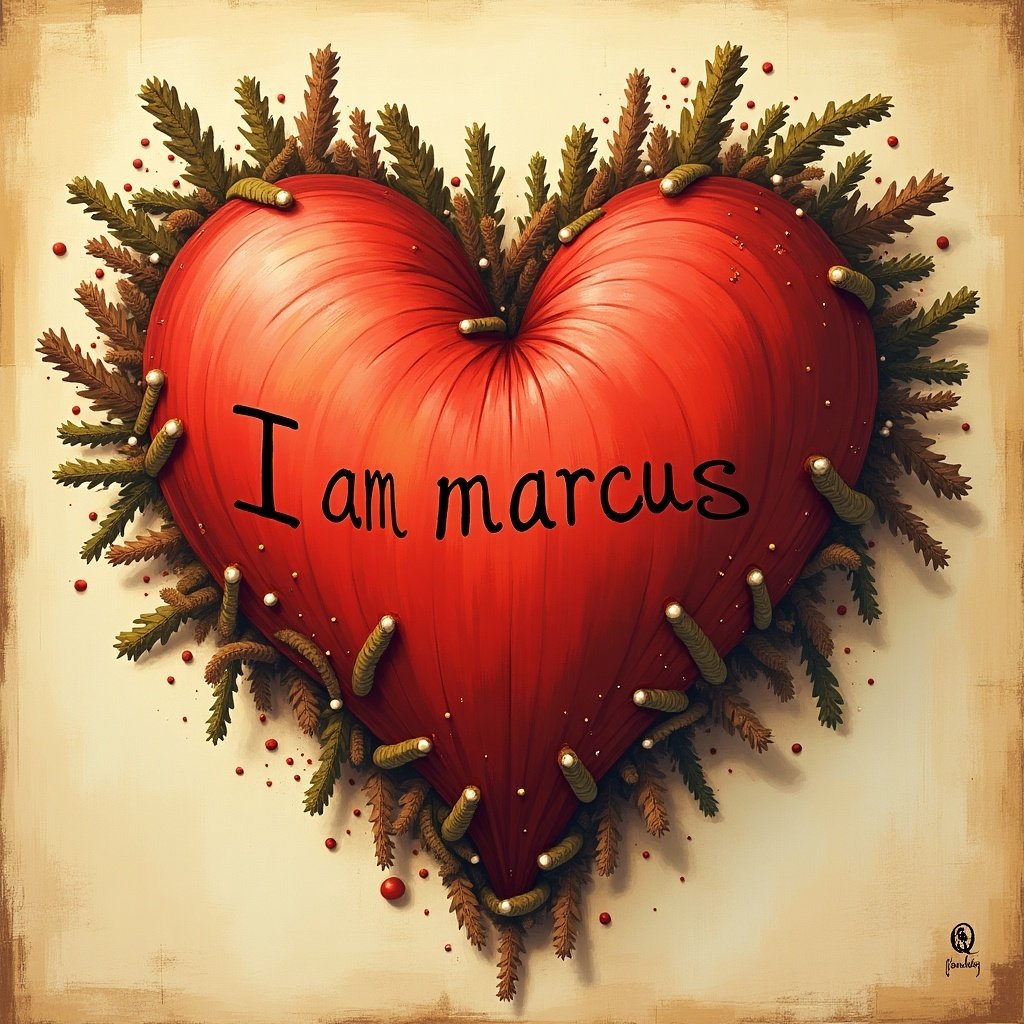 A vibrant red heart is surrounded by leaves and small creatures. The heart has the words 'I am marcus' written across it.