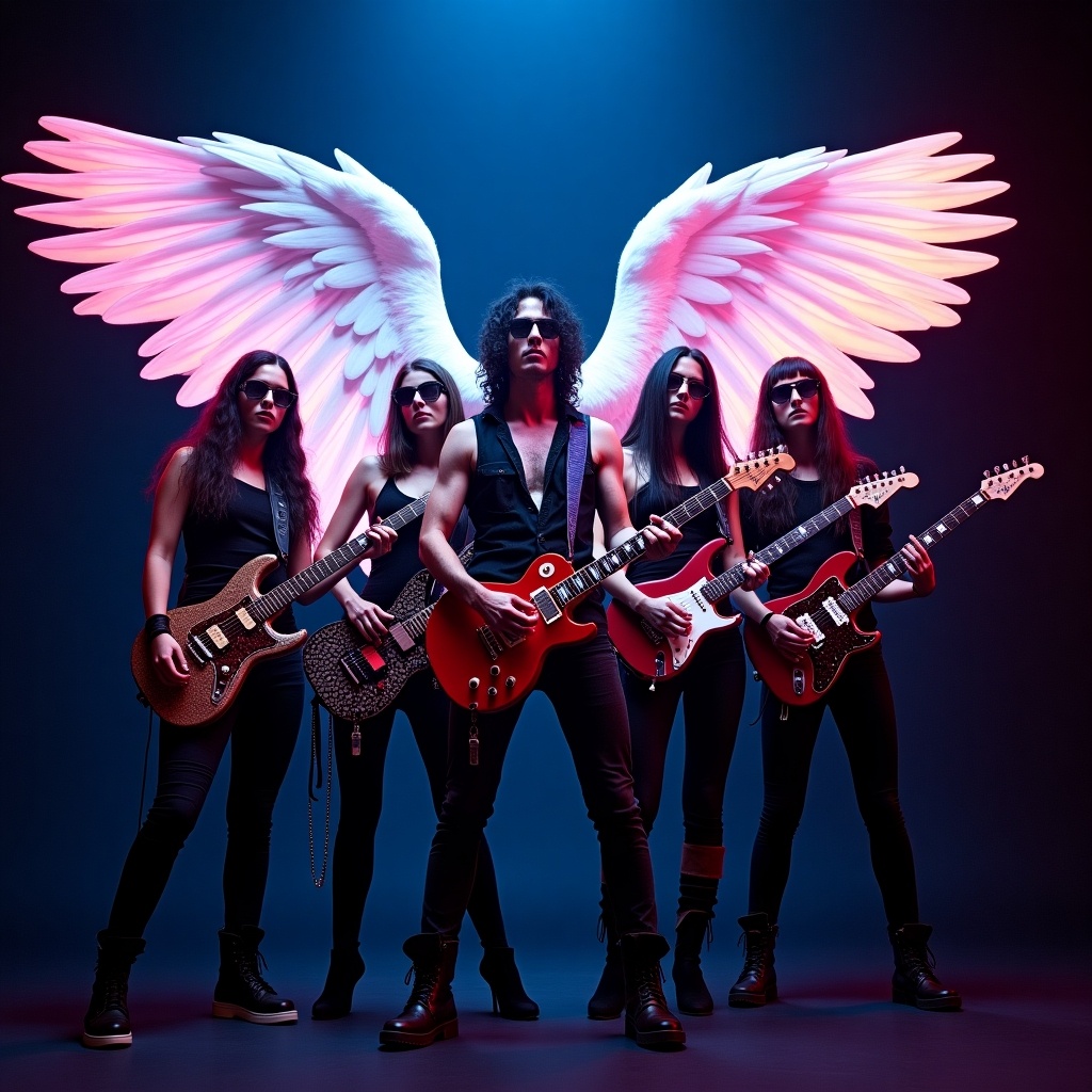 A male figure with large angel wings stands center stage. Intense expression on his face. Four guitarists surround him. Each holds a metallic guitar. Dramatic neon lighting enhances the scene. Ethereal and rebellious atmosphere prevails.