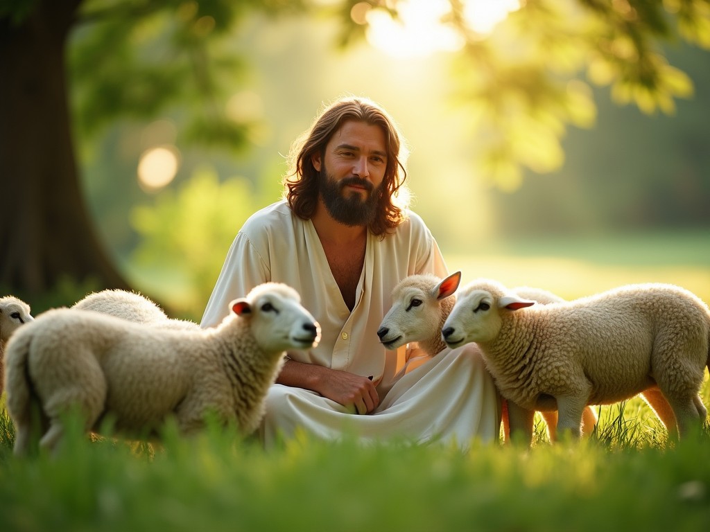 The scene captures a serene moment with Jesus accompanied by gentle sheep. He is wearing a flowing white robe and has long hair, exuding a calming presence. The sheep are close to him, showcasing innocence and tranquility. The background is filled with lush greenery and soft sunlight, creating a peaceful atmosphere. This imagery evokes feelings of warmth and comfort, emphasizing the symbolic relationship between Jesus and his followers.