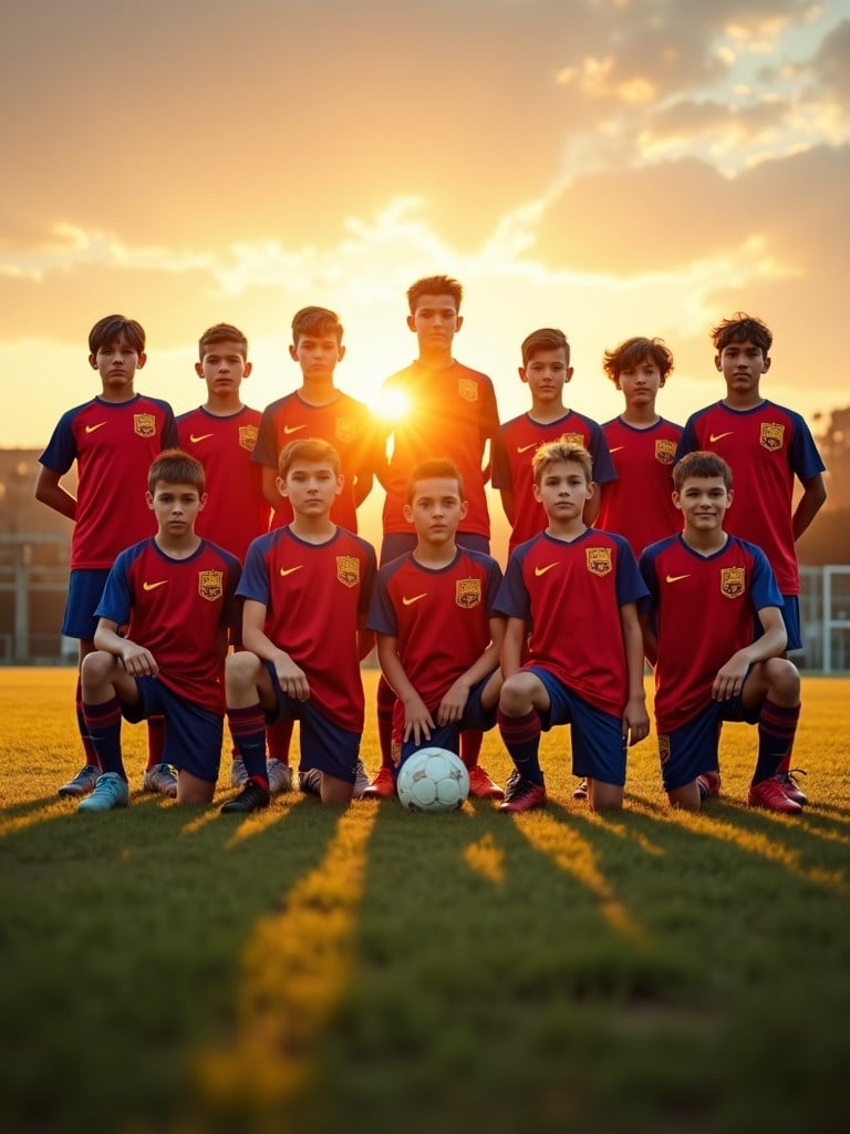 A group of eleven young male soccer players are posing proudly in two rows on a grassy field during sunset. They are dressed in matching red jerseys and shorts with yellow accents. The front row consisting of five players kneels while the back row of six players stands confidently. A soccer ball is in the center, in front of the kneeling players. The warm glow of the setting sun creates a golden hue over the scene, elongating shadows and highlighting players' expressions of camaraderie and determination.