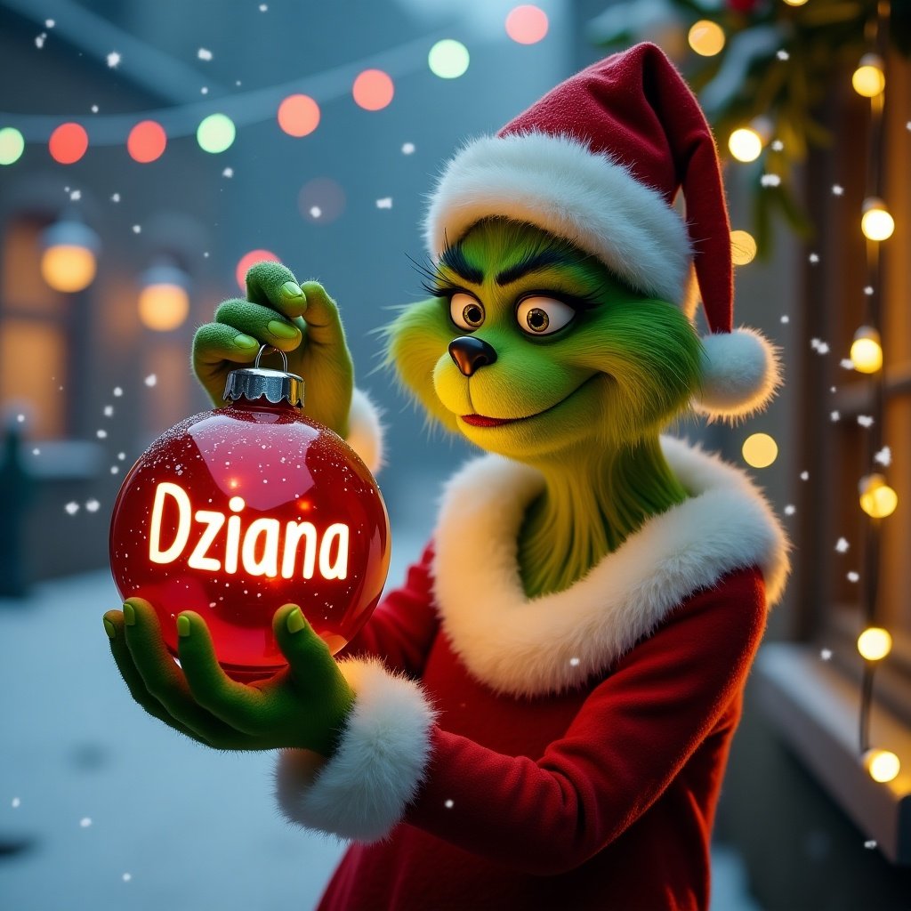 Grinch character holds red Christmas bauble with name Dziyana in a snowy background decorated with Christmas lights. Festive atmosphere with warm lighting. Character styled in Christmas attire.