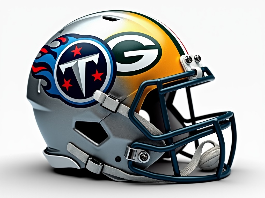 A creative design of an NFL football helmet featuring the logos of the Green Bay Packers and the Tennessee Titans merged together, with clean chrome facemask and a neutral background.