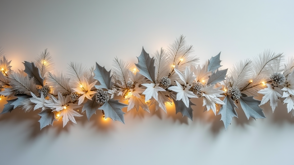 A decorative garland featuring white fabric flowers, silver leaves, and glowing warm lights against a white background.