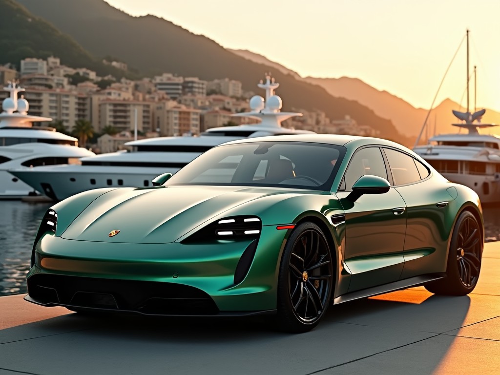 The image showcases a stunning Porsche Taycan in a striking metallic green finish, parked at a scenic marina. The backdrop features several luxury yachts, creating an elegant atmosphere. Warm hues from the sunset illuminate the scene, enhancing the car's sleek lines and modern design. The focus is on the Taycan, highlighting its sporty and luxurious features. This image beautifully combines the essence of high-performance electric vehicles with a coastal, luxurious lifestyle.