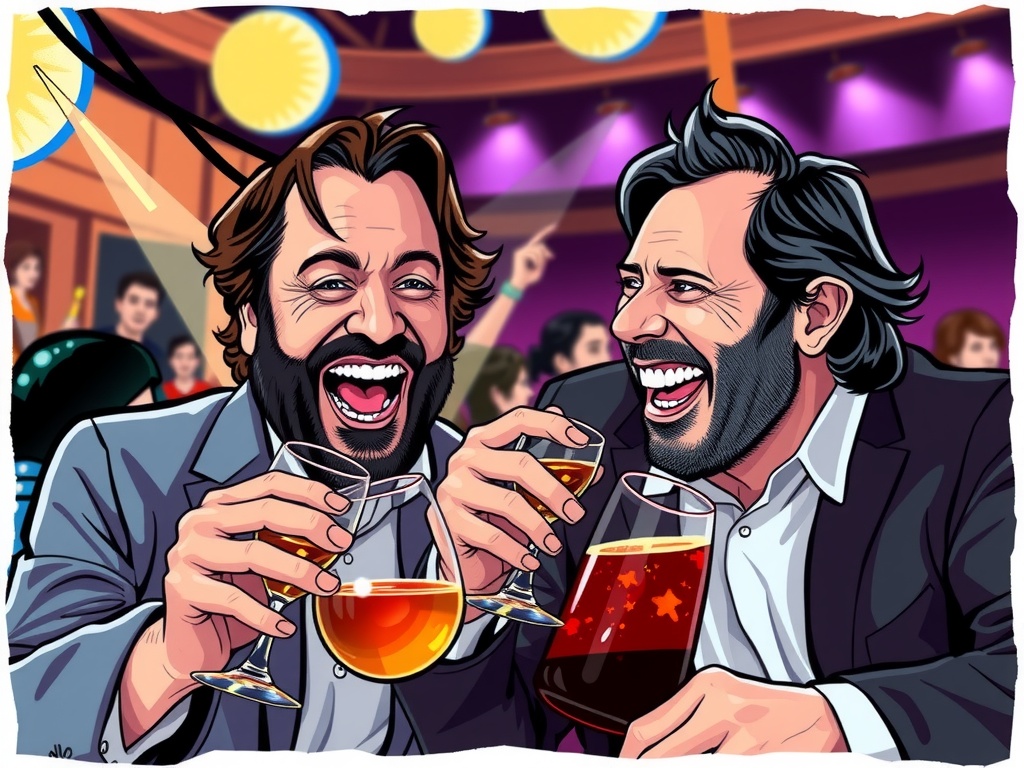 Two smiling men clinking glasses in a lively party scene.