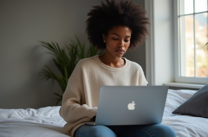 A person sits on a bed using a laptop near a window, with a plant in the background.