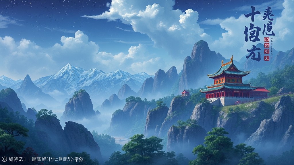 A traditional temple perched on misty mountain cliffs against a backdrop of towering, snow-capped peaks and dramatic clouds.