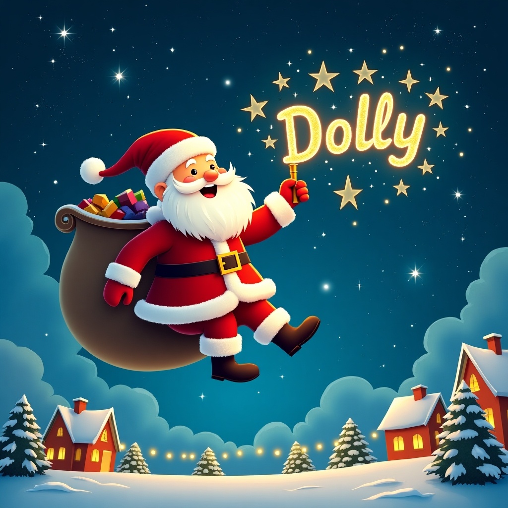 Santa Claus flying in the night sky. Santa writes the name 'Dolly' with stars. A snowy village in the background. Joyful holiday theme with colorful decorations.