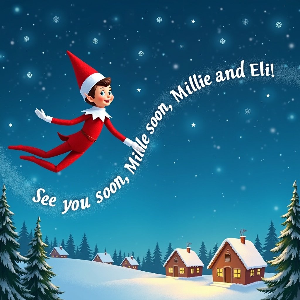 Elf on the Shelf is flying through a clear night sky. A trail of snow writes a message in the air. The elf is cheerful as it flies over a snowy village with trees and lights.