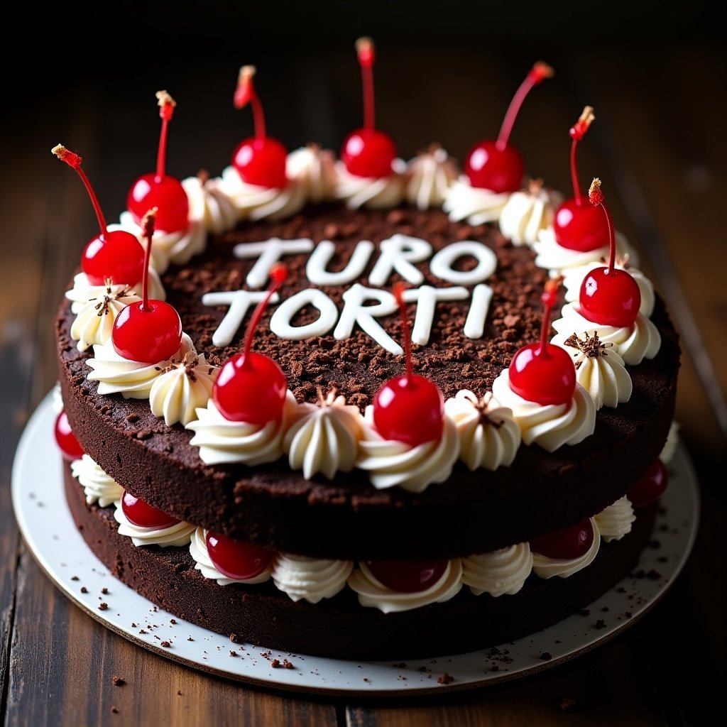 Image features a Black Forest cake with 'TURO TORTI' written on surface. The cake is decorated with white frosting, chocolate shavings, and red cherries. Composition captures chocolate layers and cream texture. Cherry toppings add color to the dark cake, enhancing its inviting appearance.