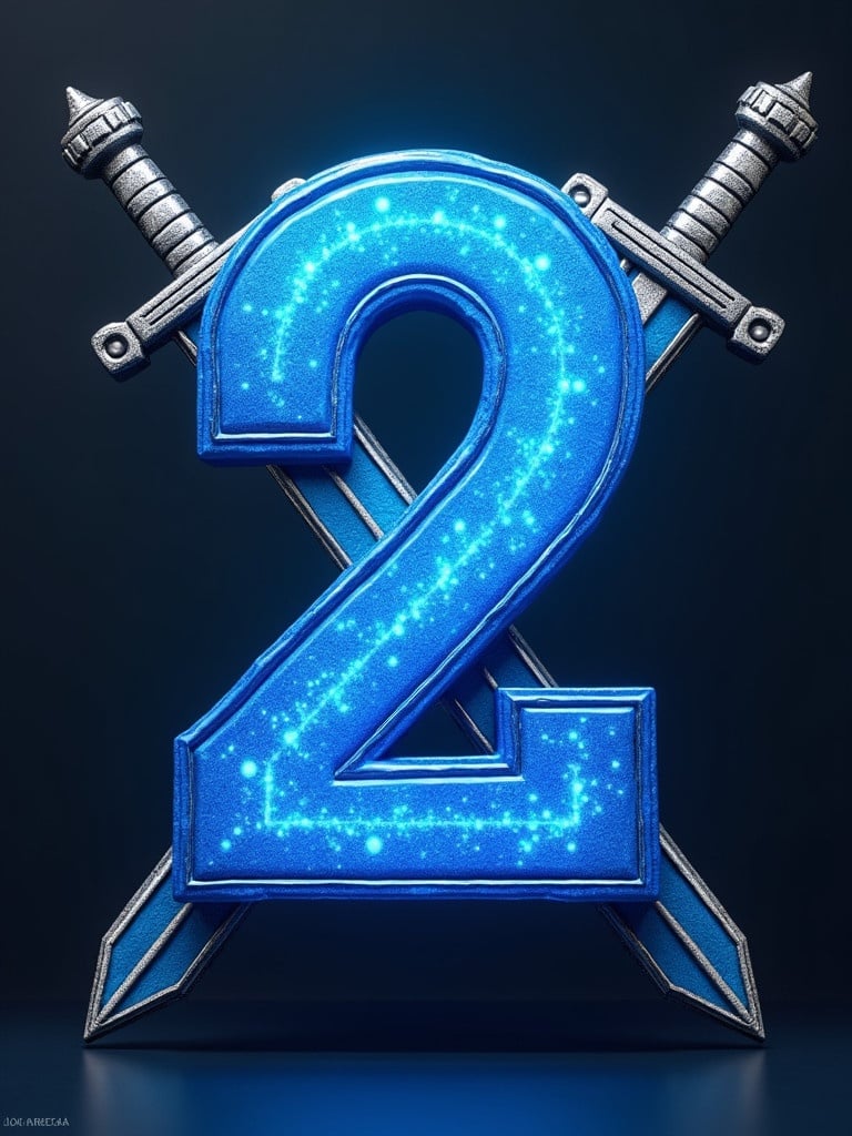 Bold blue number two with shiny effects. Two metallic swords crossing behind the number. Artistic and modern digital rendering.