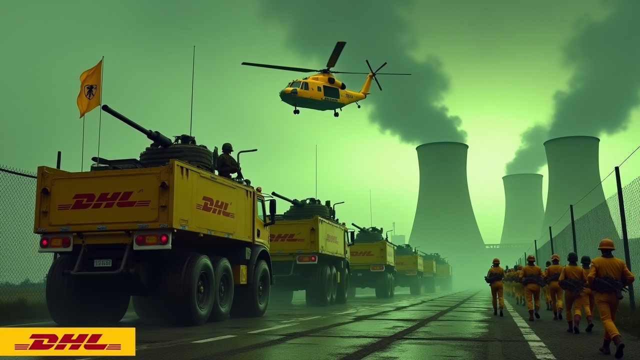 In a dramatic setting, yellow armored trucks drive beside a fence, showcasing the DHL logo. Nearby, soldiers in yellow uniforms march in formation while holding rifles and a DHL flag. The background features a green glowing nuclear power plant with smokestacks. Above, a yellow Chinook helicopter flies menacingly. The atmosphere is tense and filled with urgency, emphasizing the theme of military logistics. The bottom of the image prominently displays the DHL logo in vivid yellow.