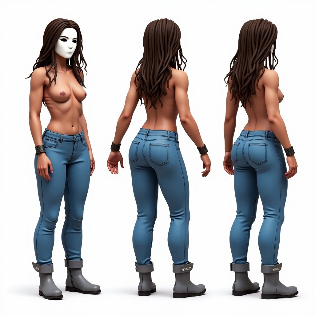 Character named Victoria with tall stature. Features middle brown dreadlocks. Dressed in blue camouflage print pants and gray boots. Poses include standing, back view, side view. Character has a flat chest and a rude demeanor.