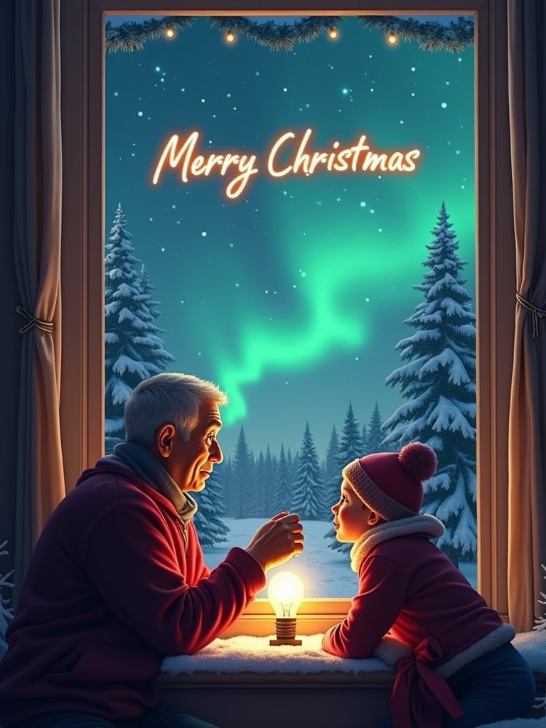 A scene shows a brother and sister near a window in winter. They admire the northern lights in the sky. The brother holds a light bulb with excitement. The window displays 'Merry Christmas ANTHONY - From your sister Lisa.' Outside, snow-covered trees can be seen. The atmosphere reflects the festive spirit of Christmas.