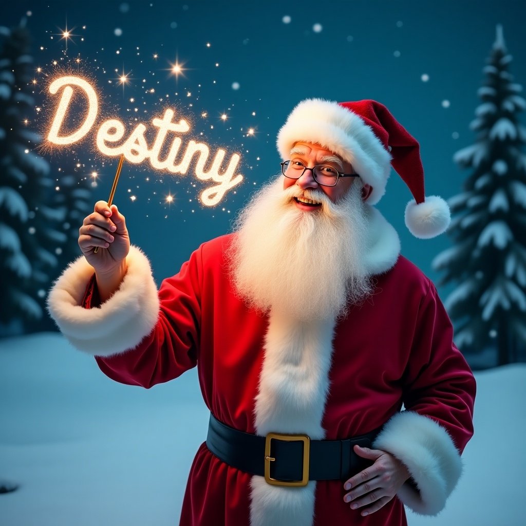 Jolly Santa Claus in a snowy landscape holds a magical wand shining with sparkles spelling Destiny. He wears a classic red suit with white fur trim. Santa's eyes twinkle with joy while writing names in the sky. The background features snowy scenery with evergreen trees and a starry night sky. The atmosphere is festive and magical.