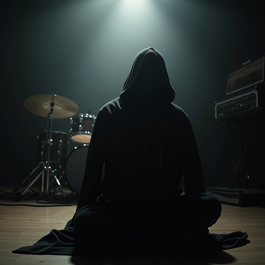 Mysterious figure in a dark hoodie sits in a dimly lit music studio. Drums visible in the background. Shadowy and enigmatic mood.