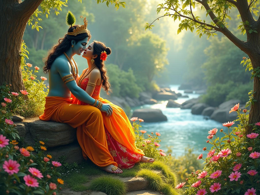 The image depicts Radha and Krishna sitting together in a serene natural landscape. Krishna is shown with blue skin, symbolizing divinity, and is adorned with a crown and peacock feather. Radha, with her long hair and orange attire, is seated closely beside him, creating a sense of intimacy. The background features lush greenery, a gentle river, and colorful flowers, enhancing the beauty of the scene. The soft lighting adds a magical touch, evoking feelings of love and harmony in nature.