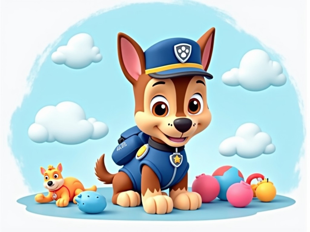 The image showcases Chase, a popular character from Paw Patrol, designed in cheerful pastel blue colors. He is depicted wearing his signature uniform and a friendly expression. Nearby, there is a smaller dog representing another character from the show. The background includes fluffy white clouds, adding to the playful tone. The scene is bright and inviting, making it appealing for children. The overall composition is suitable for children's products and media.