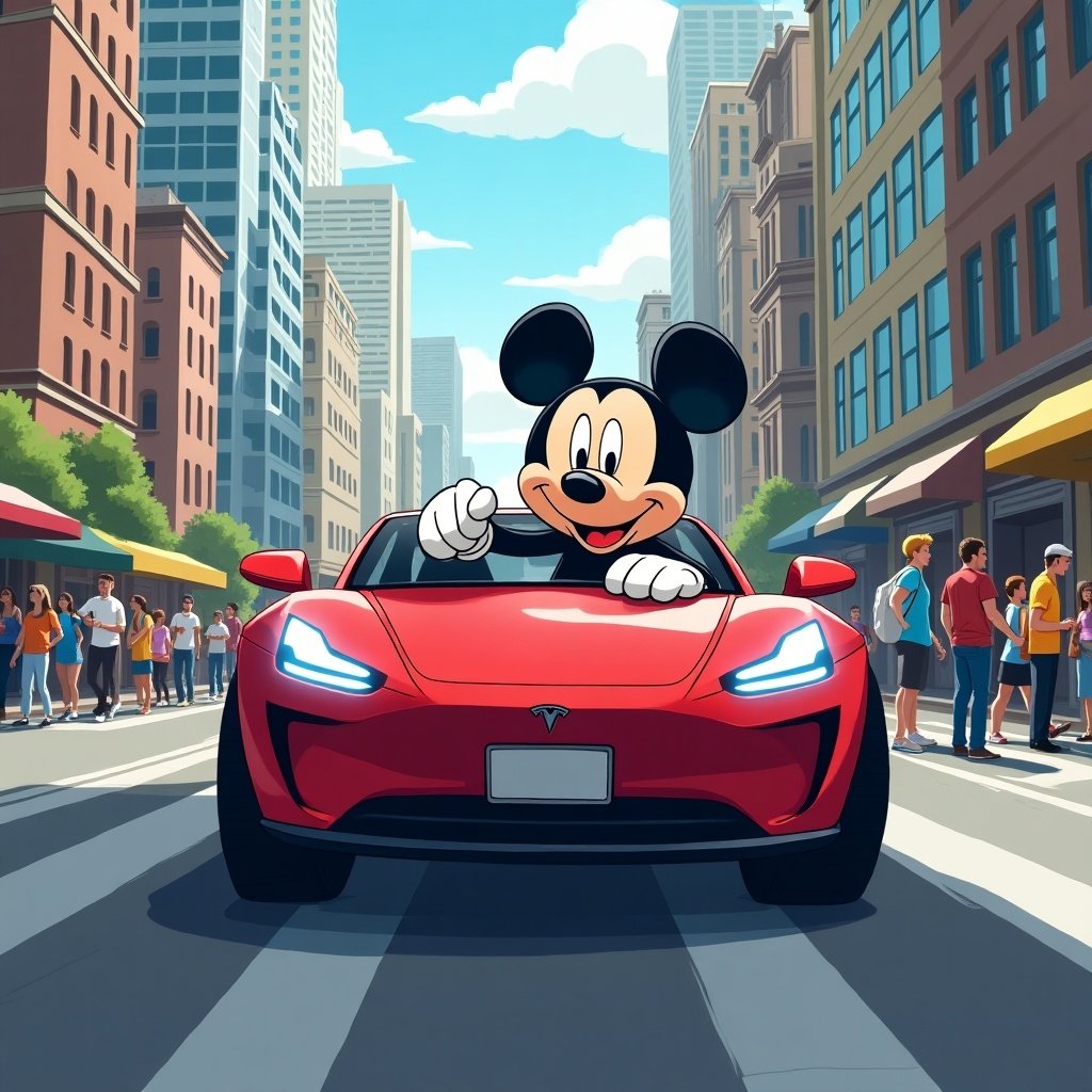 A whimsical scene featuring a well-known cartoon character driving a modern electric vehicle in a bustling city. In the image, Mickey Mouse is joyfully sitting in a bright red Tesla. The background showcases tall buildings and a lively street filled with people. The scene captures a sunny day, enhancing the cheerful atmosphere. This image combines elements of animation with contemporary automotive design.