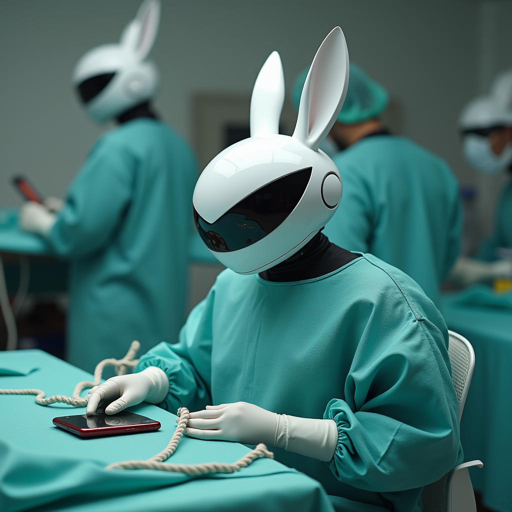 People wearing helmets with bunny ears perform surgery in an operating room.