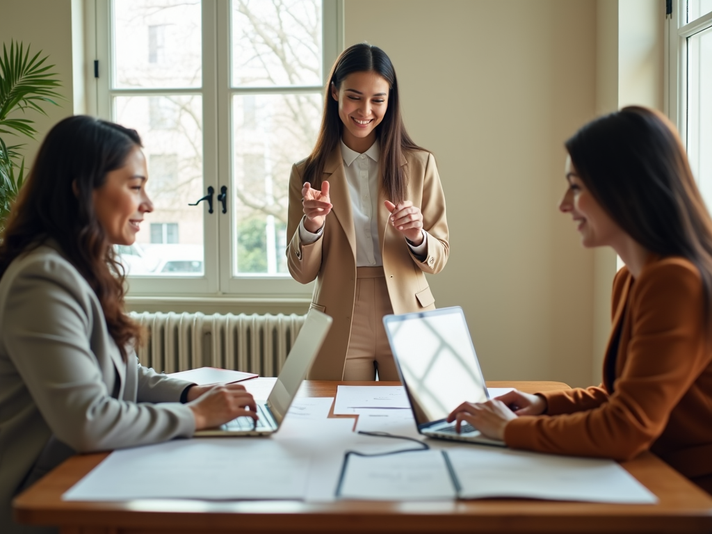 Three women in a bright office setting, two seated at a table using laptops while engaged in a discussion, and one standing, confidently gesturing as she speaks.