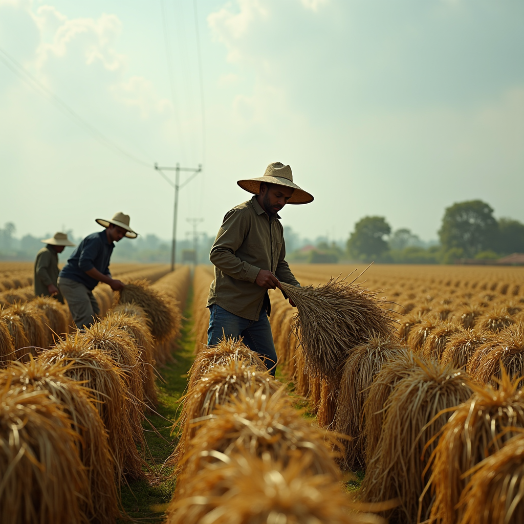 Farmers wearing straw hats collect rice stalks in a sunlit field under a cloudy sky.