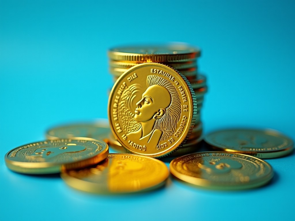 The image features a collection of shiny gold coins scattered on a vibrant blue background. The focal point is a stack of coins, clearly displaying a profile design on one side. The lighting accentuates the reflective surfaces of the coins. Some coins are positioned on top, creating an interesting layered arrangement. This composition evokes a sense of wealth and investment opportunities, suitable for financial themes or economic discussions.