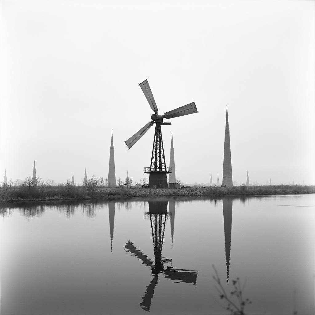 A black and white scene featuring a windmill by a tranquil water body, reflecting both the windmill and surrounding angular spires.