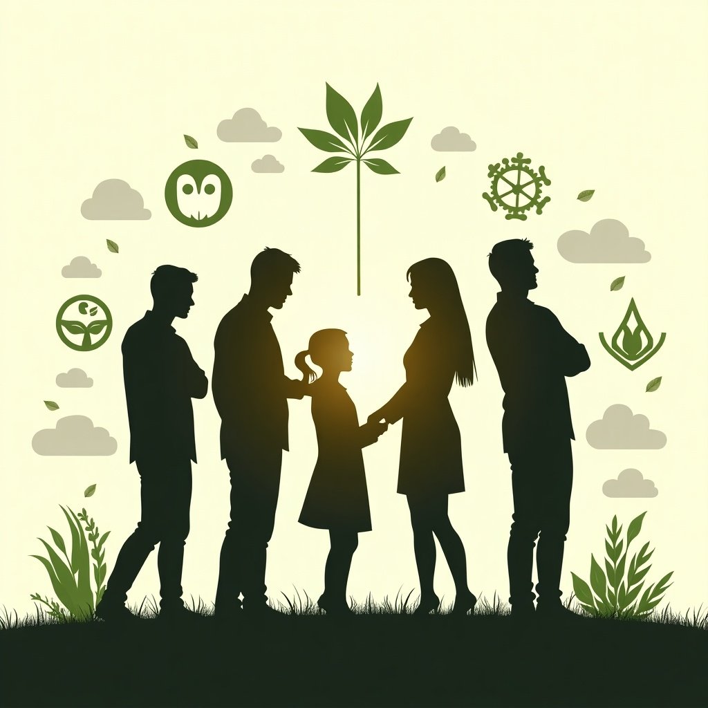 The image depicts silhouettes of five individuals standing together in a collaborative stance. They appear to be engaged in dialogue, highlighting teamwork. Surrounding them are various eco-friendly symbols, such as plants, water droplets, and nature icons. The background is a soft, light color, emphasizing the figures and icons. The overall theme promotes sustainability and environmental awareness, indicating a strong message of conservation and collaboration in addressing ecological issues.