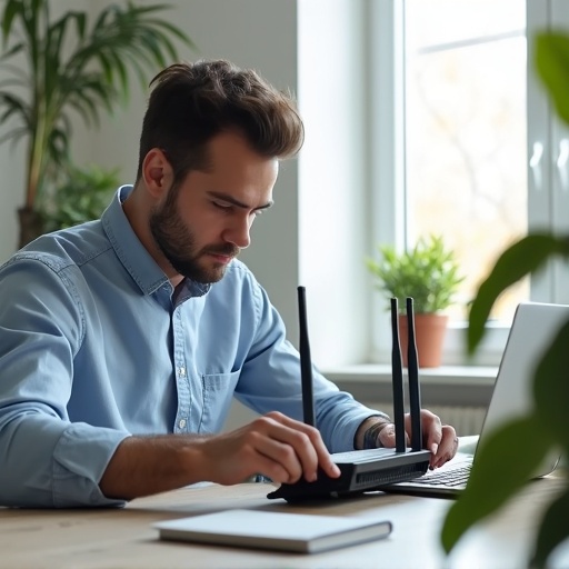 A person is working at a desk. A Wi-Fi router is on the desk. Soft natural light is coming from a window. Green plants are in the background. Person is focused on the task at hand.