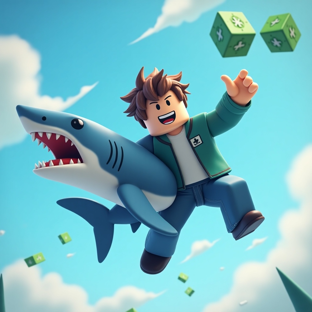 The image showcases a Roblox noob avatar joyfully riding a shark amidst falling Robux. The avatar has spiky brown hair and wears a casual green jacket, exuding a playful vibe. The playful oceanic theme complements the shark, enhancing the adventurous atmosphere. Bright colors fill the sky, giving the image a cheerful effect. Robux bricks plunge from above, symbolizing wealth and gaming fun.