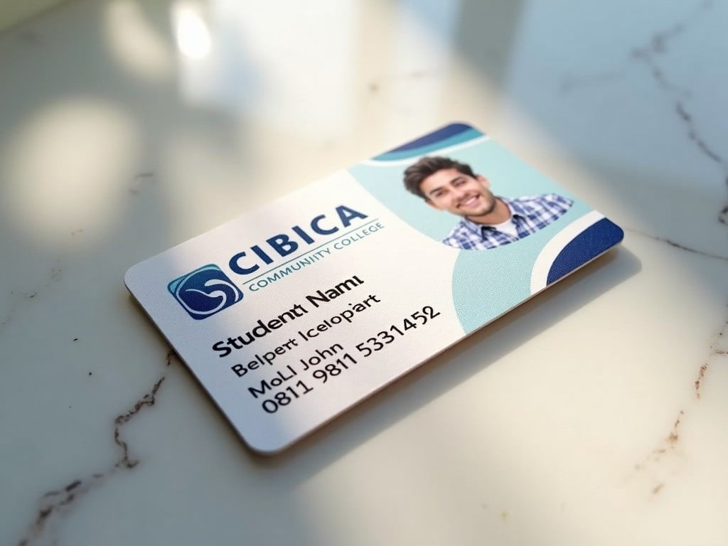 A student ID card from CIBICA Community College is showcased on a pristine marble surface. The card features a prominent logo of the college along with the header 'Student Name' and personal details. A smiling student photo adds a personal touch. The design incorporates shades of blue and white, making it visually appealing. The lighting casts a soft glow, enhancing the card's features, which is displayed clearly against the elegant marble background.