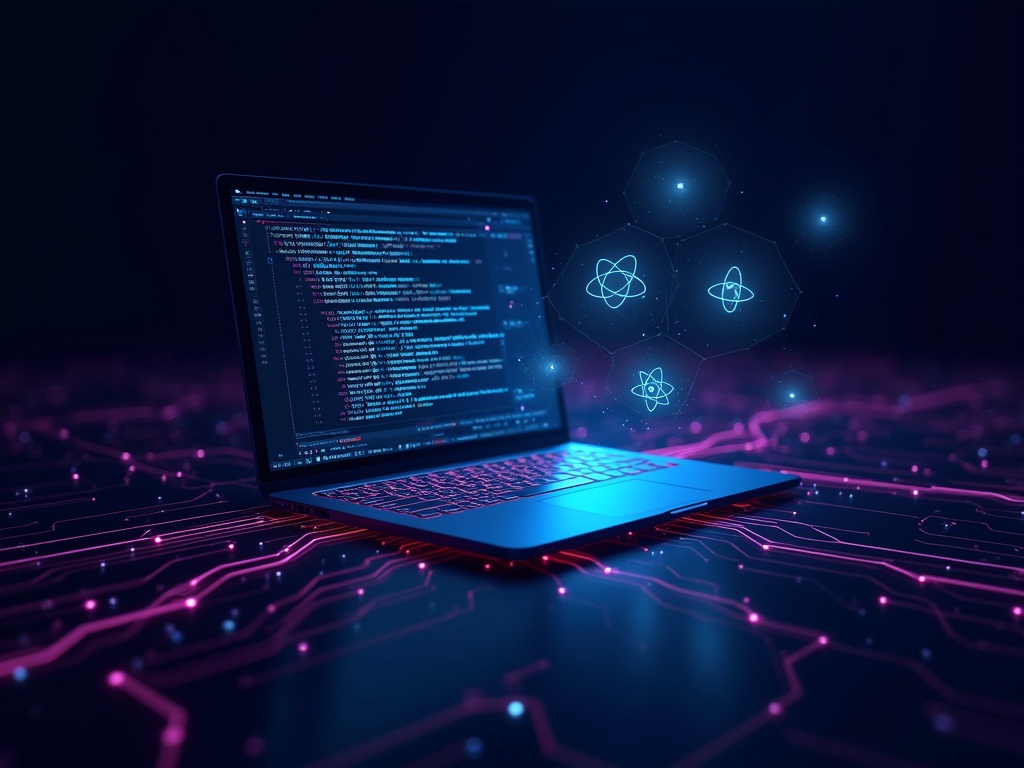 Futuristic digital banner for a developer's portfolio. Dark modern background with glowing blue and purple circuit lines. A holographic laptop showcases JavaScript and Python code. Icons representing web tools blend into the design. Professional and visually striking for a developer's website.