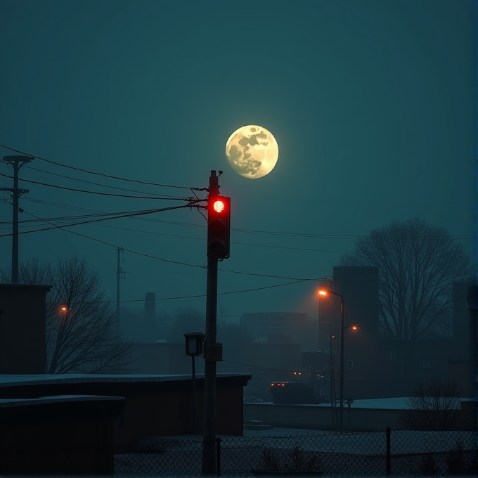 A full moon shines brightly over a cityscape with a red traffic light in the foreground, evoking a serene, nocturnal atmosphere.