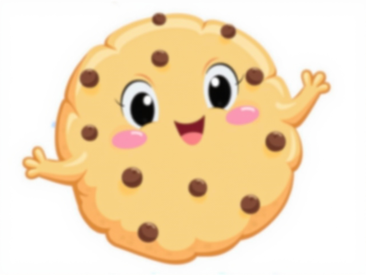 This image shows a cartoon-style, happy cookie character. The cookie has a round shape and a light brown color, with chocolate chip spots scattered across its surface. Its face features large, expressive black eyes and rosy pink cheeks, contributing to its cheerful appearance. There is a small mouth that is curved in a smile, enhancing its friendly demeanor. The cookie also has small arms that extend out from its sides, giving it a playful look.