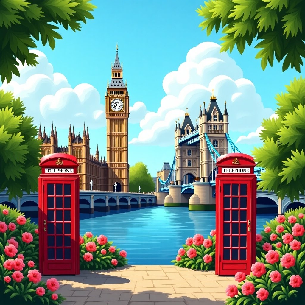 Postcard depicting a scenic view from the UK. Bright colors showcase iconic landmarks like Big Ben and Tower Bridge surrounded by lush greenery and flowers.