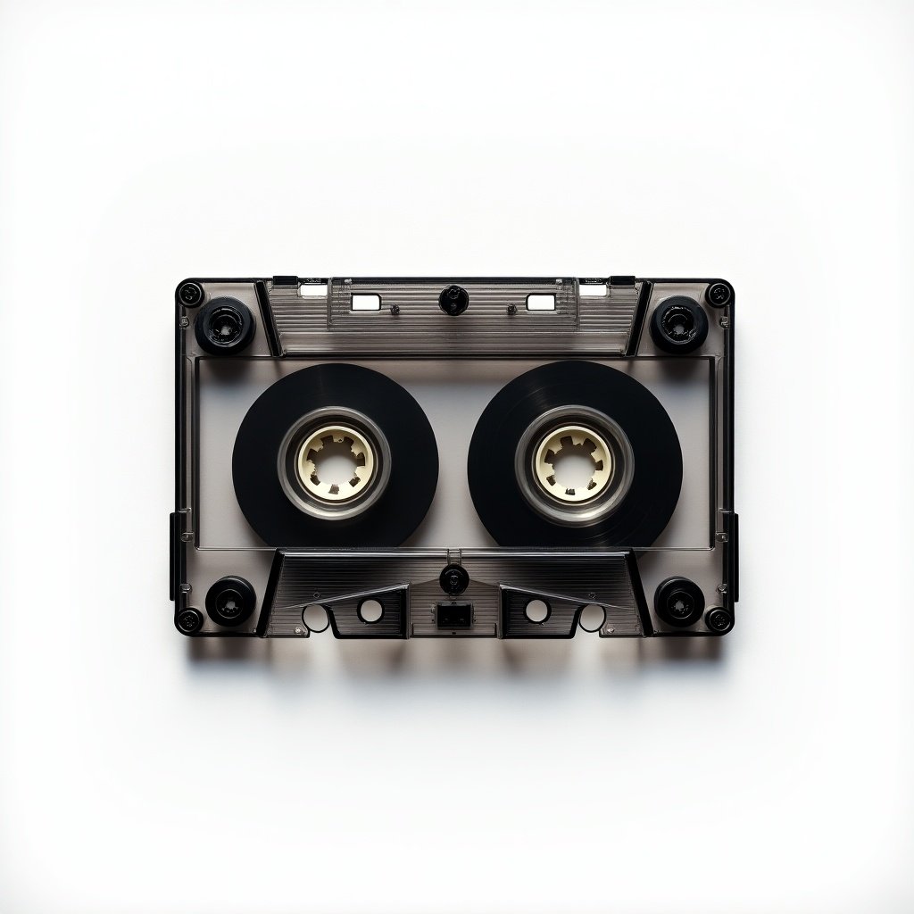 A classic black and transparent cassette tape is arranged on a plain white backdrop. Intricate details of the cassette are visible, highlighting the reels inside. The design reflects nostalgia for analog sound. The white background directs attention to the cassette.