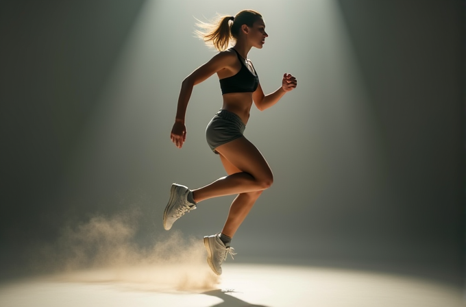 A woman is running energetically in a well-lit area, with dust trailing her feet.