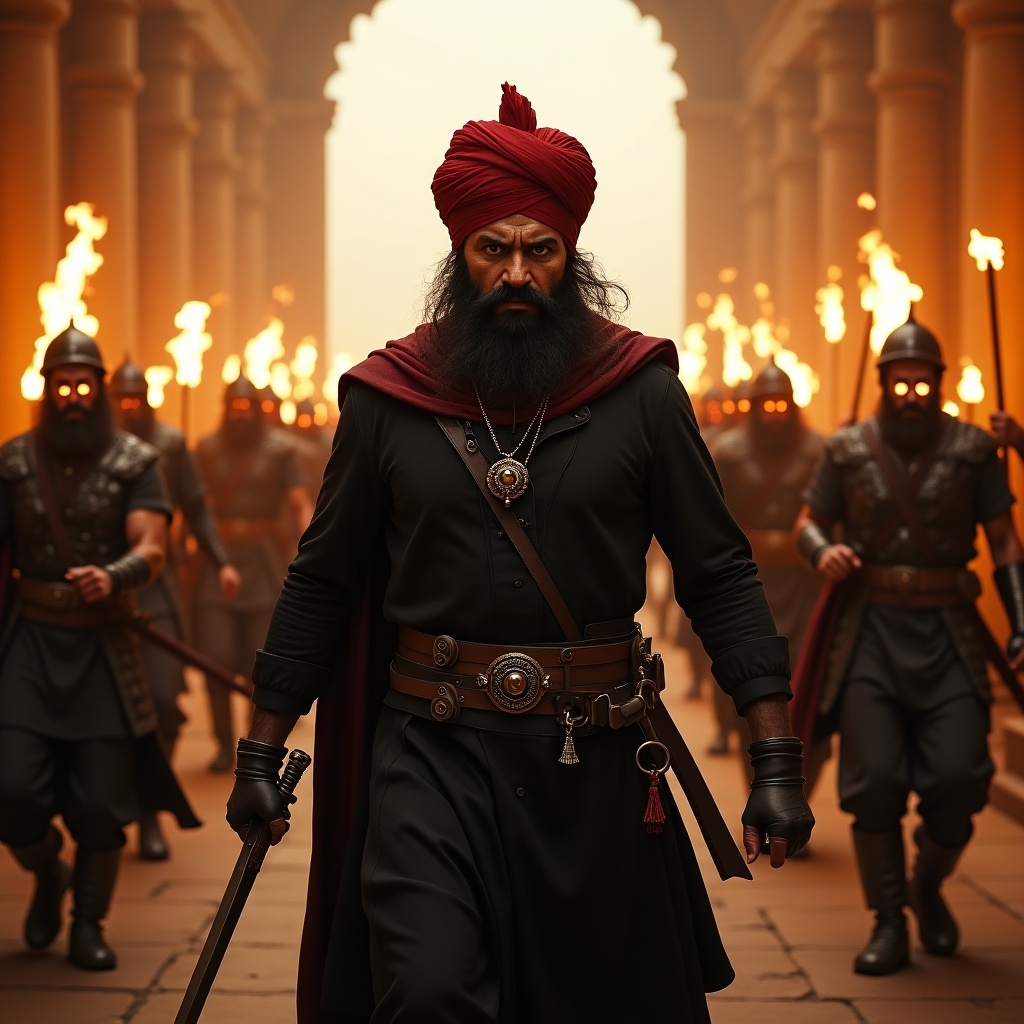 Banvir dressed in black with red turban holds a sword. He storms into a palace with soldiers. Soldiers carry torches and swords. Aggression in gaze and stance.