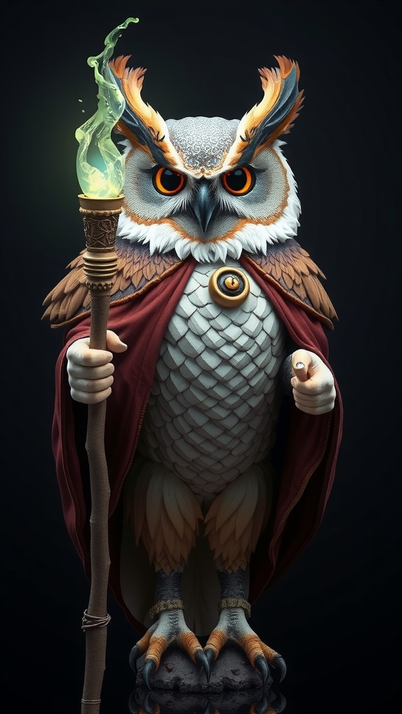 This image depicts a fantastical owl figure standing upright, draped in a grand, dark red cloak with elaborately styled feathers. The owl holds a wooden staff topped with a magical, green-flaming orb, indicating its mystical powers. Its intense, orange eyes give an impression of wisdom and authority, while the deep shadows in the scene emphasize the owl's intricate detailing and the mystical aura.