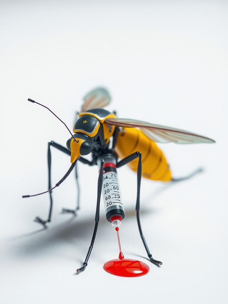 This image features a mechanical representation of a mosquito, with its proboscis replaced by a syringe that is dripping blood. The mosquito's body showcases an intricate design combining realistic textures with a mechanical aesthetic. The background is an even, soft white, emphasizing the vivid colors and metallic details of the mosquito.