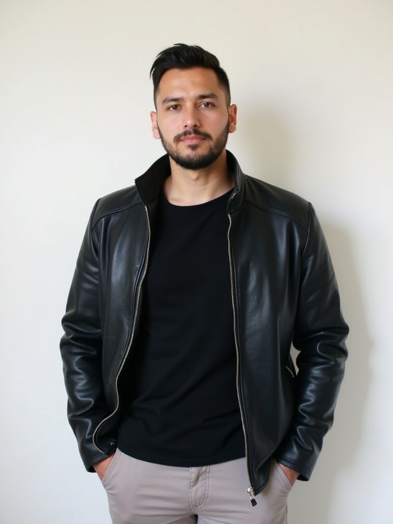 Man standing confidently against a plain white wall. Short beard and neatly styled hair. Wearing a dark stylish leather jacket over a black t-shirt. Light-colored trousers. Relaxed posture with hands in pockets. Serious expression. Soft lighting highlights contours and textures.