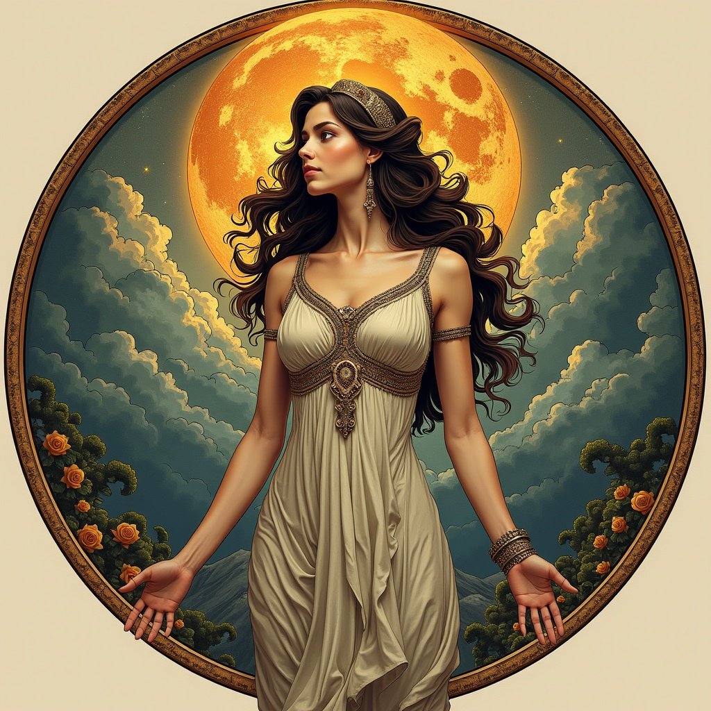 An illustration of goddess Circe surrounded by nature. The moon looms large in the background providing a magical ambiance. She wears a flowing gown adorned with intricate designs. Colors evoke a sense of enchantment and beauty.