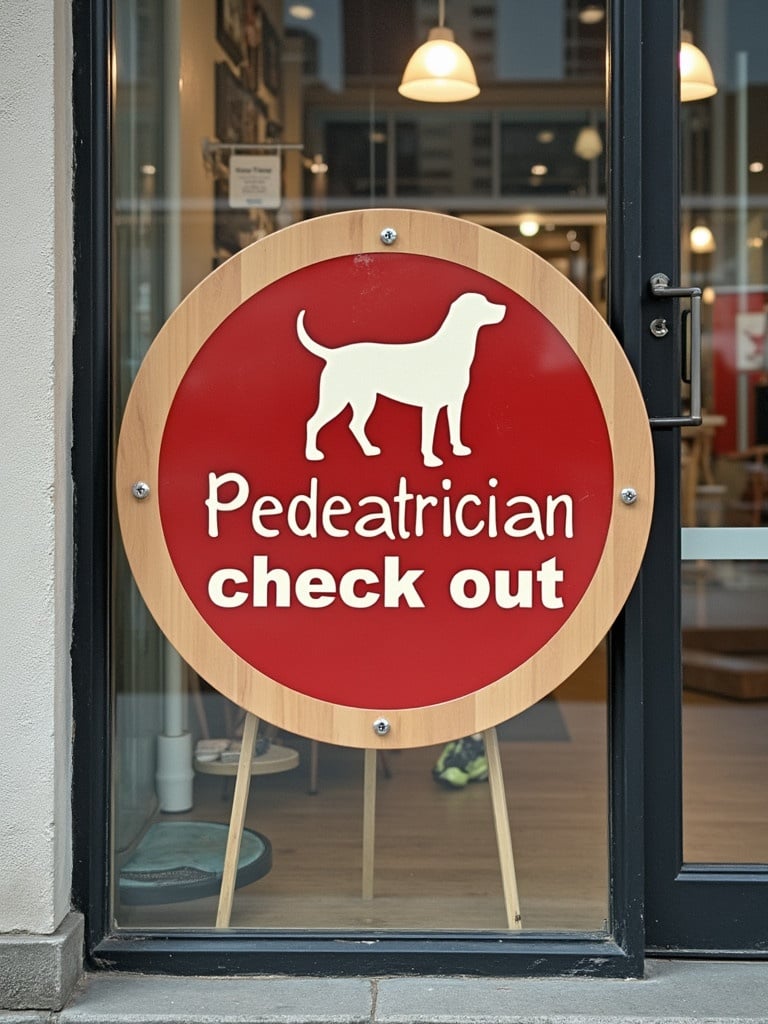 Check out sign for pediatricians. Sign features a silhouette of a dog. Located at the entrance of a veterinary clinic. Round in shape with red background. The sign mentions pediatrics in a playful manner. Suitable for pet health services.