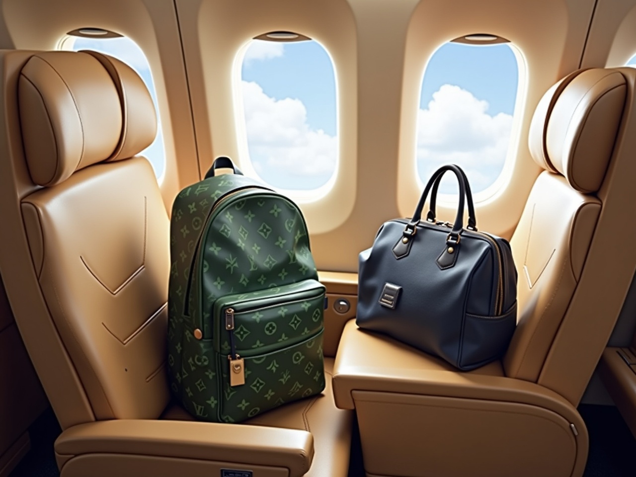 The image shows a spacious airline seat with beige leather upholstery. A large green Louis Vuitton backpack is placed on the armrest, exhibiting the brand's signature pattern. Next to it is a dark blue bag, also featuring the Louis Vuitton design. The airplane windows reveal a bright, cloudy sky outside, suggesting that the aircraft is in-flight. The interior of the cabin appears modern and upscale, providing a luxurious atmosphere.