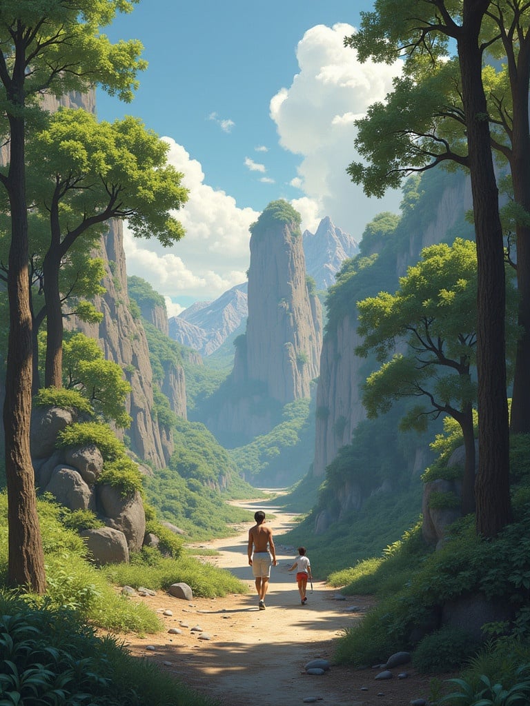 Scene of a mother and child walking through a serene valley surrounded by tall mountains and lush trees. Bright sunny day with a clear blue sky and fluffy clouds.