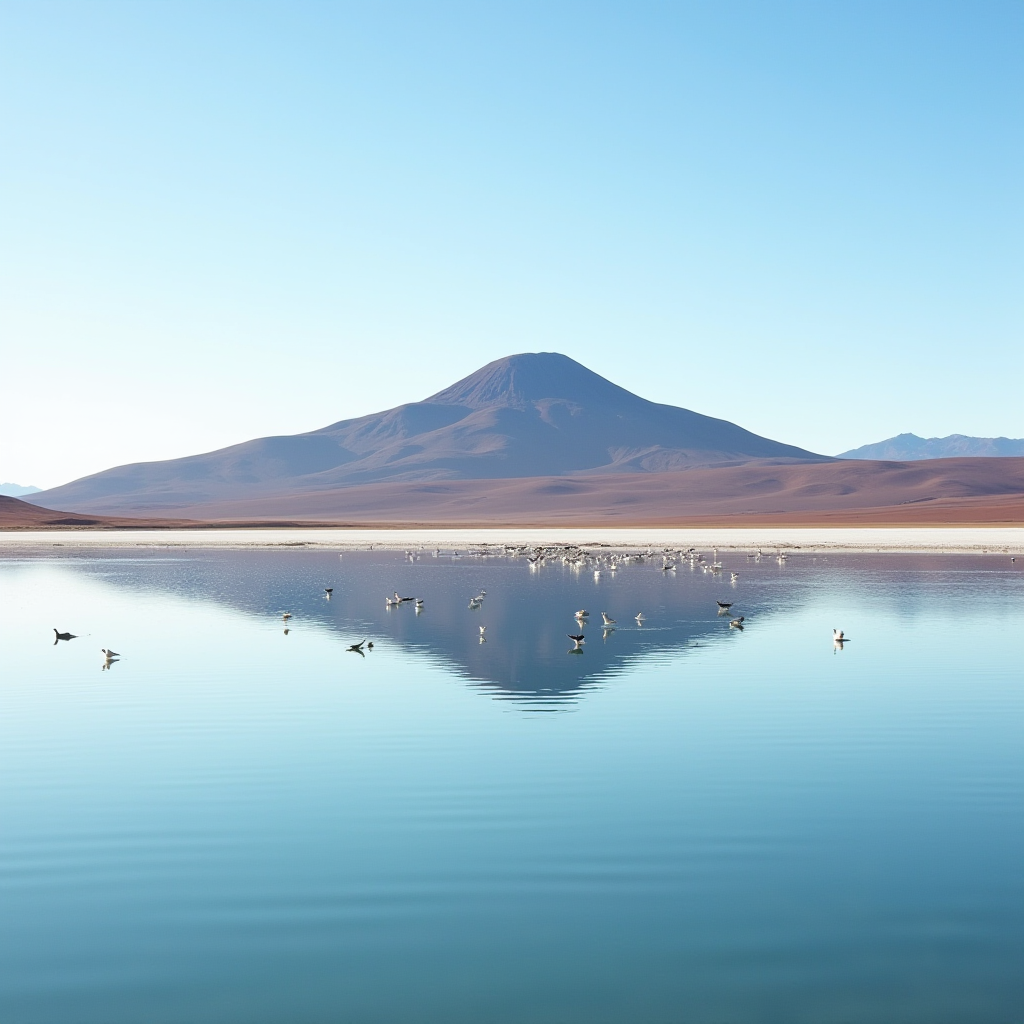 A tranquil lake reflects a distant mountain and the sky, with birds gracefully flying over the water.